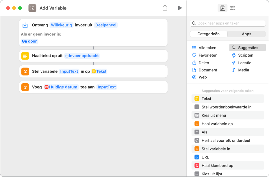 De taken 'Stel variabele in' en 'Voeg toe aan variabele' in de opdrachteneditor.