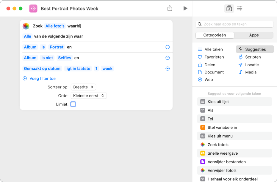De taak 'Zoek foto's waarbij' in de opdrachteneditor.