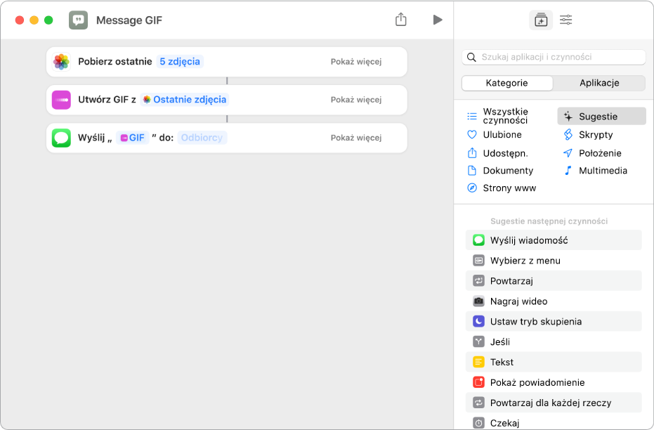Edytor skrótów z czynnościami użytymi pozwalającymi wysłać wiadomość zwierającą zdjęcia jako animowany plik GIF.