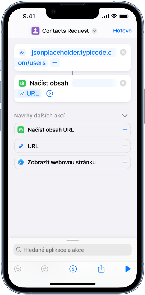 Požadavek API obsahující akci URL, která odkazuje na koncový bod API; následuje akce „Načíst obsah URL“.