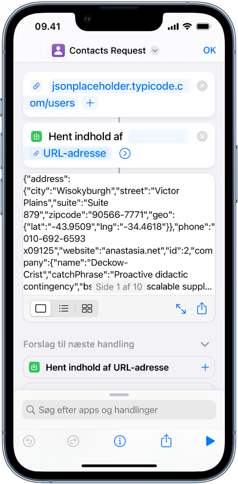 Resultaterne af genvejen til Typicode API-anmodningen viser en liste med brugere.