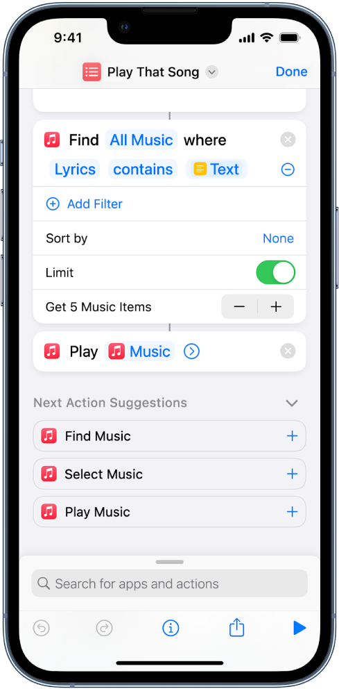 Ask Each Time variable replacing the Repeat parameters in the Play Music action in the shortcut editor.