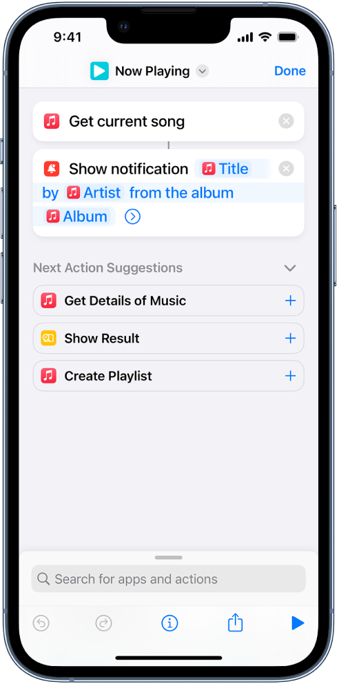 Show Notification action in the shortcut editor and Music Now Playing alert called by the Show Notification action.