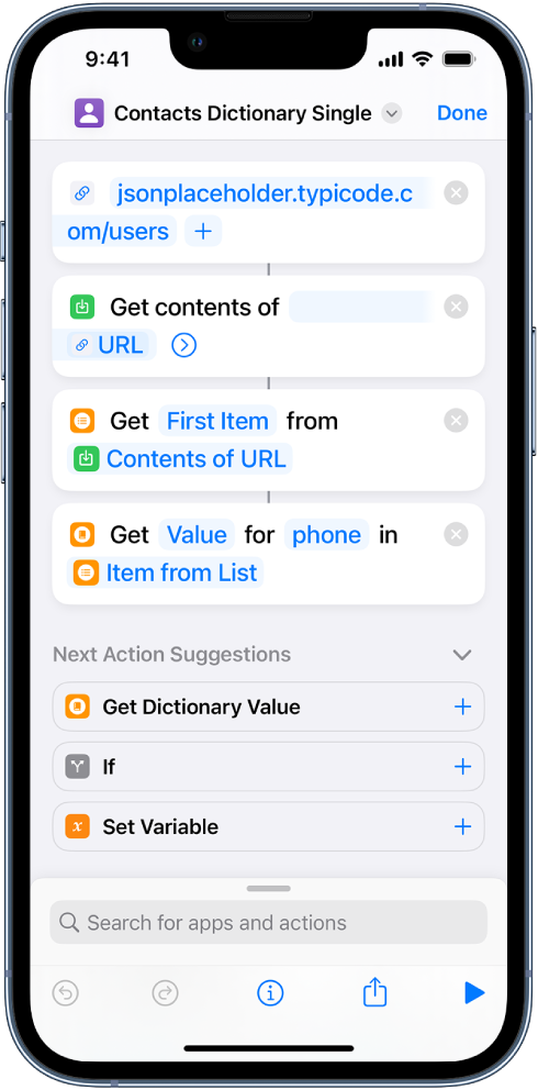 Get Dictionary Value action in the shortcut editor with the key set to phone.