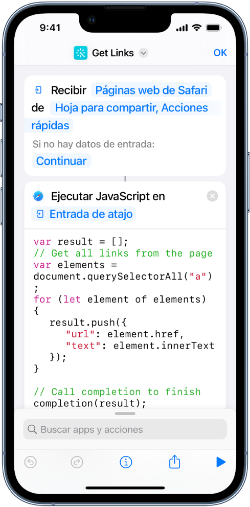 La acción “Ejecutar JavaScript en la página web” en el editor de atajos.