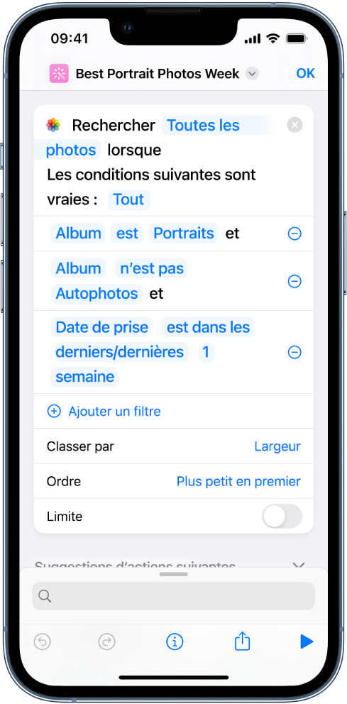 Action Rechercher des photos où dans l’éditeur de raccourcis.