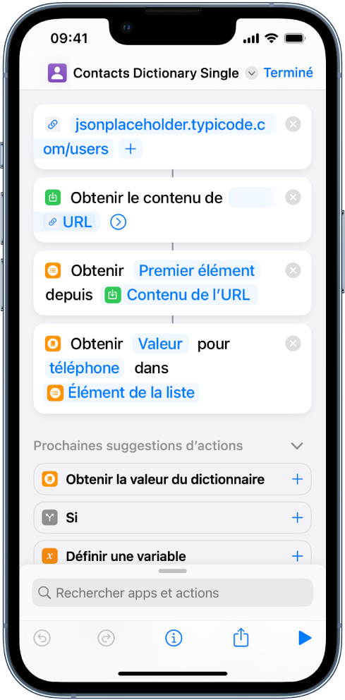 Action « Obtenir la valeur du dictionnaire » dans l’éditeur de raccourcis avec la clé définie sur « phone ».