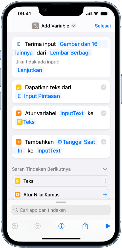 Tindakan Atur Variabel dan Tambahkan ke Variabel di editor pintasan.