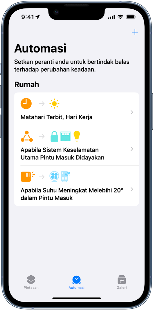 Automasi rumah dalam app Pintasan.