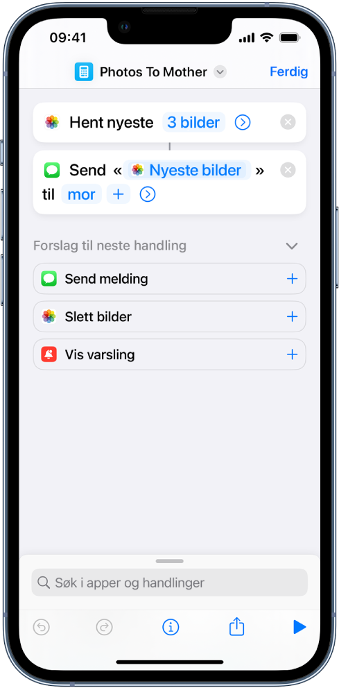 Snarvei som inneholder en «Hent de nyeste bildene»-handling og en «Send Melding»-handling.