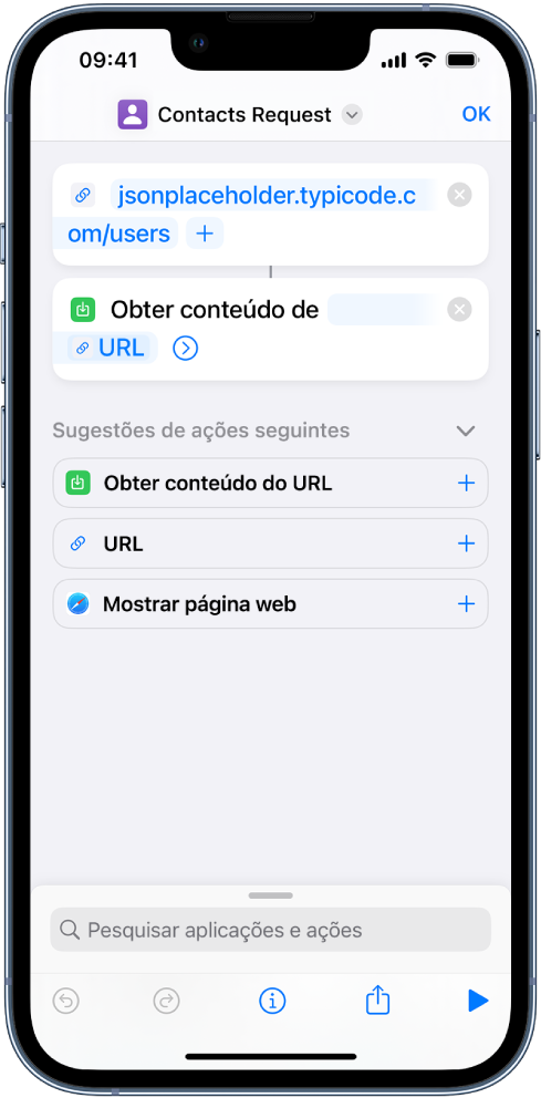 Um pedido à API que contém uma ação URL que aponta para o ponto terminal da API, seguido de uma ação “Obter conteúdo do URL”.