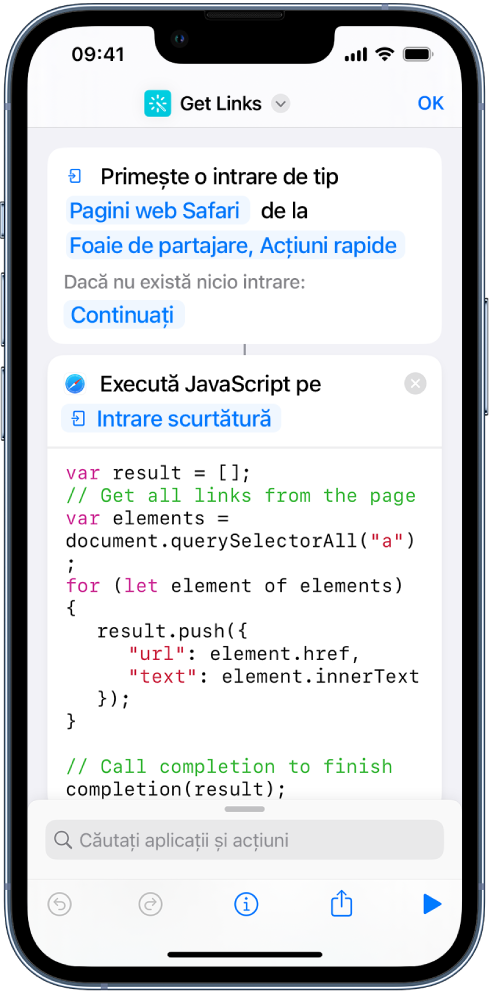 Acțiunea “Executare JavaScript pe pagina web” în editorul de scurtături.