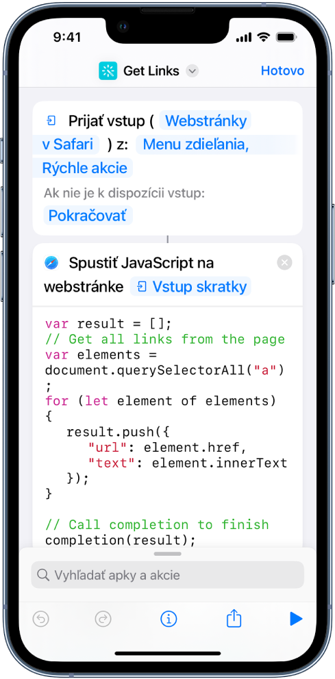 Akcia Spustiť JavaScript na webovej stránke v editore skratiek.