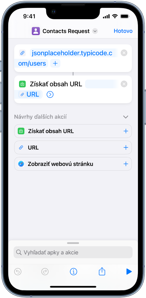 Požiadavka API, ktorá obsahuje URL akciu ukazujúcu na koncový bod API, za ktorým nasleduje akcia Získať obsah URL.