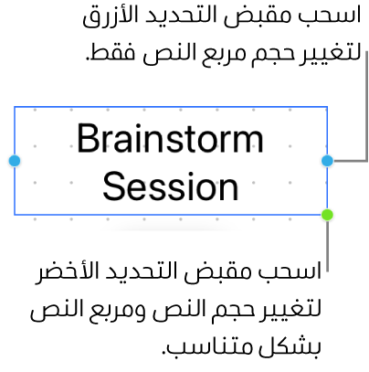 مربع نص محدد يعرض مقبض التحديد الأزرق (يسمح لك بتغيير حجم مربع النص فقط) ومقبض التحديد الأخضر (لتغيير حجم النص ومربع النص بشكل متناسب).