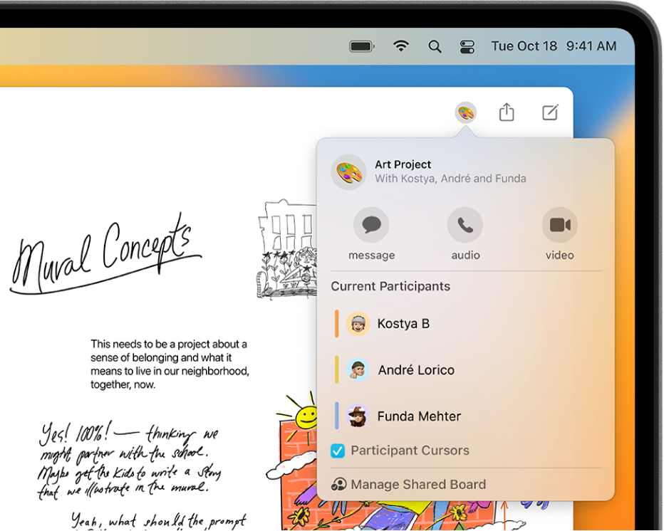 L’app Freeform qui affiche le menu contextuel de collaboration avec trois participants.