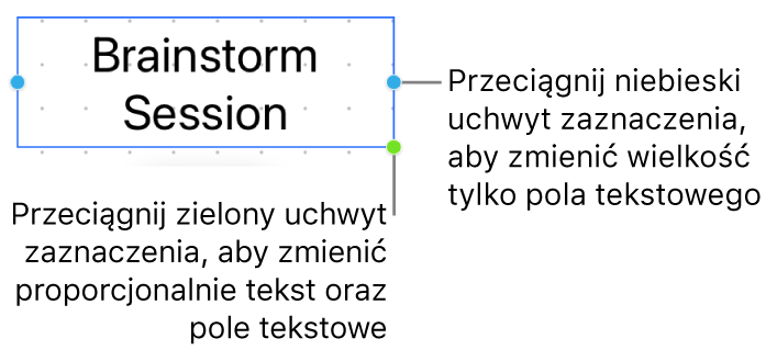 Zaznaczone pole tekstowe z niebieskim uchwytem zaznaczenia (umożliwiającym zmienianie wielkości samego pola tekstowego) oraz zielonym uchwytem zaznaczenia (umożliwiającym proporcjonalne zmienianie wielkości pola tekstowego oraz tekstu).