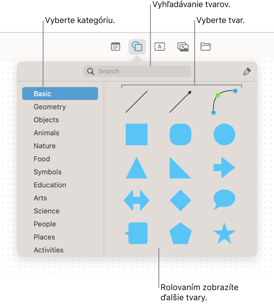 Knižnica tvarov s vyhľadávacím poľom v hornej časti, zoznamom kategórií na ľavej strane a zbierkou tvarov na pravej strane. Vyberte tvar zo zbierky alebo rolovaním zobrazte ďalšie tvary.
