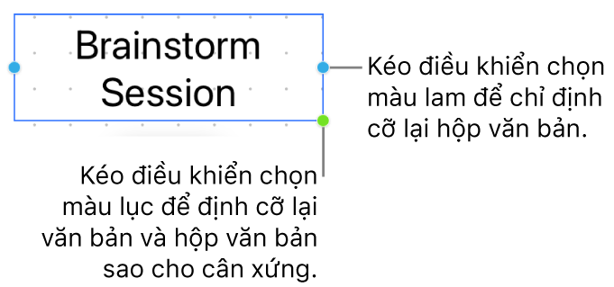 Một hộp văn bản được chọn đang hiển thị điều khiển chọn màu lam (cho phép bạn chỉ định cỡ lại hộp văn bản) và điều khiển chọn màu lục (để định cỡ lại văn bản và hộp văn bản sao cho cân xứng).