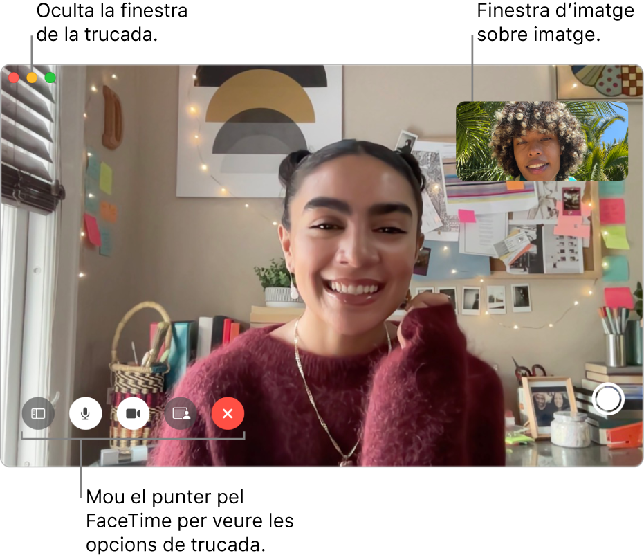 Passa el punter per sobre de la finestra del FaceTime per veure els botons “Barra lateral”, “Silenci”, “Silenciar el vídeo”, “Pantalla compartida”, “Penjar” i “Live Photo”. Fes clic al botó central de l’angle superior esquerre per amagar la finestra de la trucada. La finestra d’imatge dins de la imatge es mostra a l’angle superior dret.