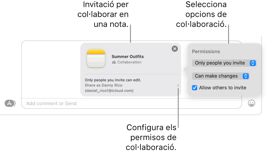 Primer pla del camp de missatge de text a la part inferior de la conversa de l’app Missatges. Hi ha una invitació per col·laborar en una nota. Pots fer clic al costat dret de la invitació per configurar els permisos de col·laboració.