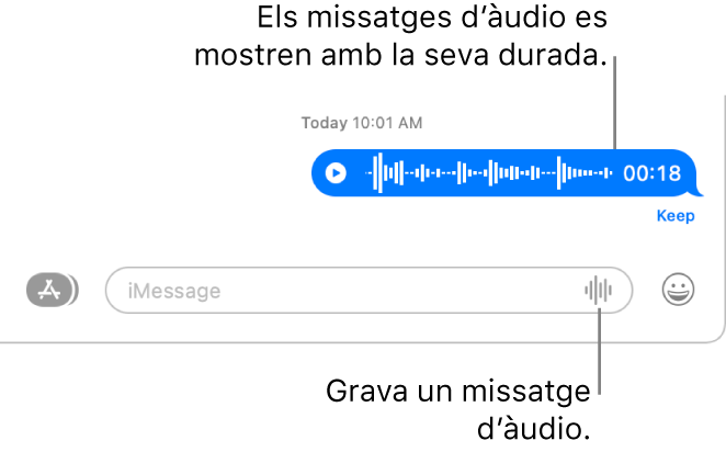 Conversa de l’app Missatges que mostra el botó “Gravar àudio” al costat del camp de text a la part inferior de la finestra. Un missatge d’àudio apareix a la conversa amb la llargada de la gravació.