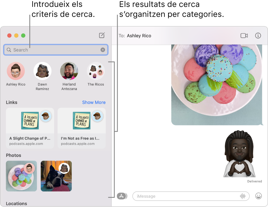 La finestra de l’app Missatges en què es mostren els criteris de cerca que s’han introduït al camp de cerca de l’angle superior esquerre. Els resultats de la cerca apareixen organitzats a sota per categories, com ara Converses, Enllaços i Fotos.