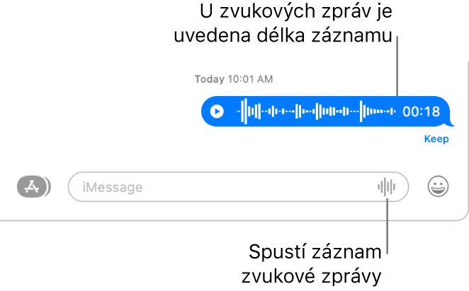 Konverzace aplikace Zprávy; u dolního okraje oka je vedle textového pole zobrazeno tlačítko Nahrát zvuk. V konverzaci se objeví zvuková zpráva s vyznačením délky záznamu.