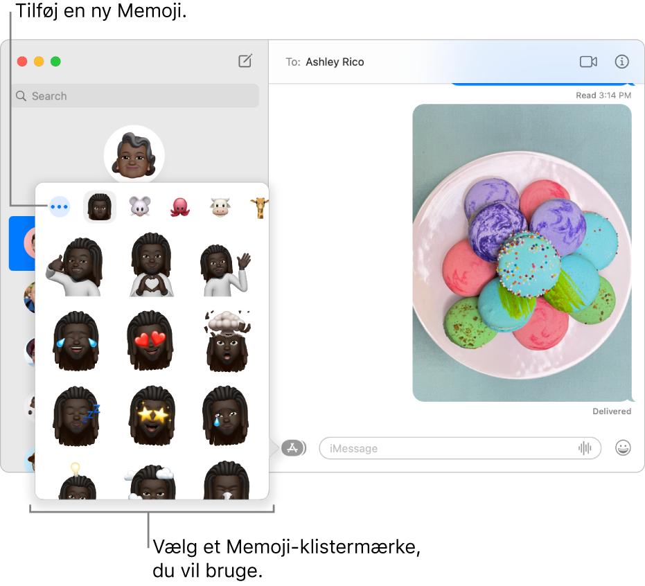 Vinduet Beskeder med flere samtaler i indholdsoversigten til venstre og en udskrift til højre. Når du vælger Memoji-stickere med knappen Apps, kan du vælge den Memoji-sticker, du vil bruge, eller oprette en ny Memoji.