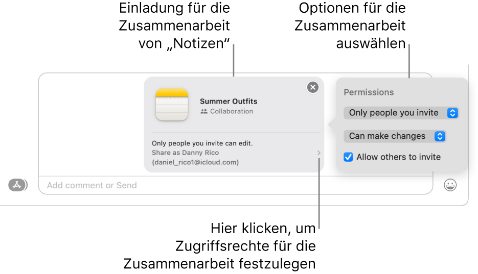 Eine Detailansicht des Textnachrichtenfeldes am unteren Rand einer Konversation in der App „Nachrichten“. Es gibt eine Einladung, an einer Notiz mitzuarbeiten. Du kannst auf die rechte Seite der Einladung klicken, um die Berechtigungen für die Zusammenarbeit festzulegen.