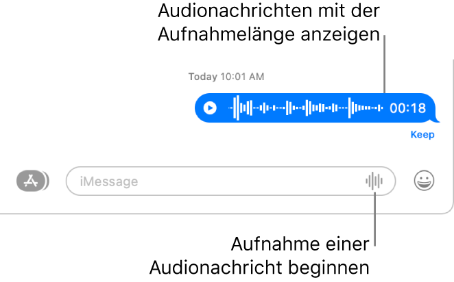 Eine Konversation in der App „Nachrichten“ mit der Taste zum Aufnehmen von Audio neben dem Textfeld unten im Fenster. In der Konversation wird eine Audionachricht mit der Länge der Aufnahme angezeigt.