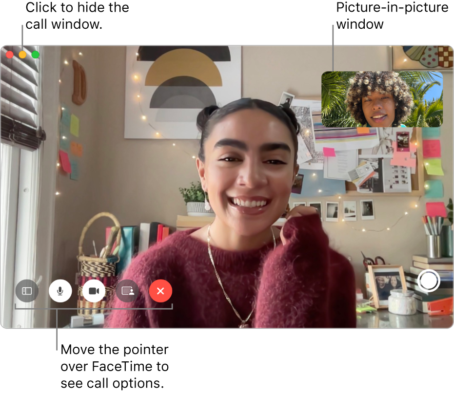 Move the pointer over the FaceTime window to see the Sidebar, Mute, Mute Video, Screen Share, End Call and Live Photo buttons. Click the middle button in the top-left corner to hide the call window. The picture-in-picture window appears in the top-right corner.