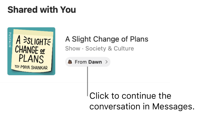 A show shared with you in Podcasts. Click the From label to continue the conversation — send a reply — in Messages.