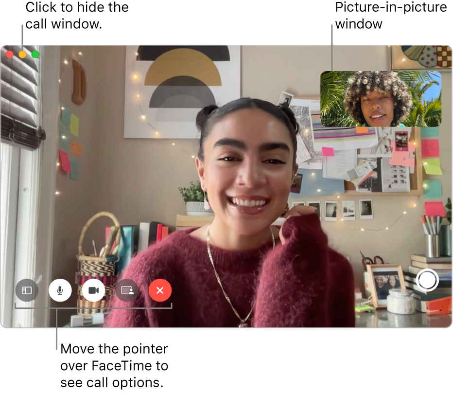 Move the pointer over the FaceTime window to see the Sidebar, Mute, Mute Video, Screen Share, End Call, and Live Photo buttons. Click the middle button in the top-left corner to hide the call window. The picture-in-picture window appears in the top-right corner.