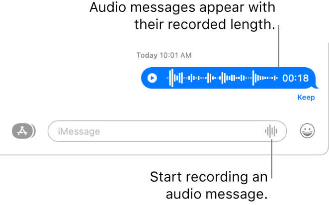 A Messages conversation, showing the Record Audio button next to the text field at the bottom of the window. An audio message appears with its recorded length in the conversation.