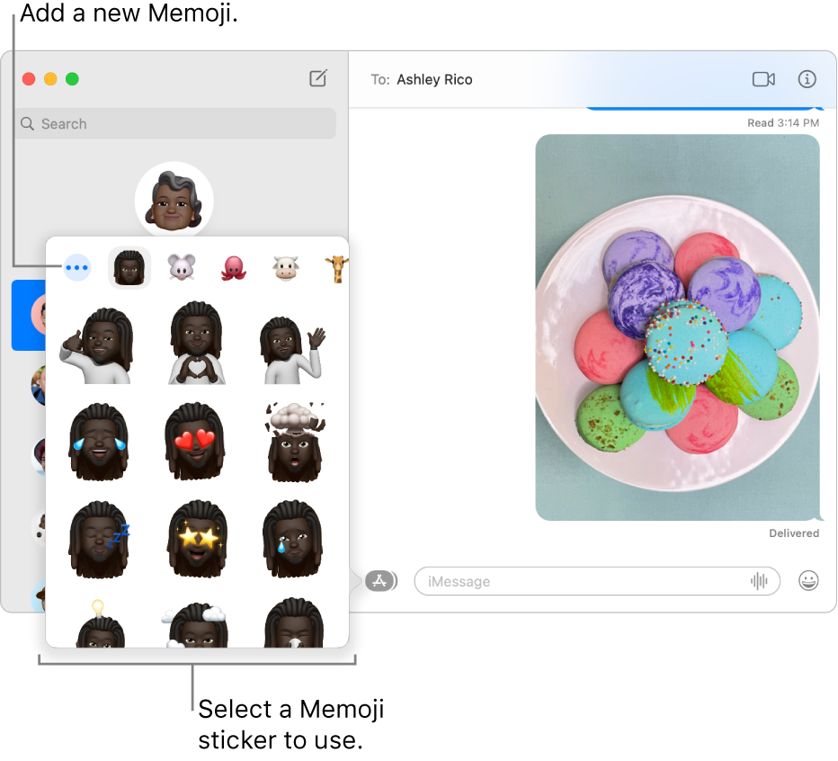 The Messages window with several conversations listed in the sidebar at the left, and a transcript showing at the right. When choosing Memoji Stickers from the Apps button, you can select a Memoji sticker to use or create a new Memoji.