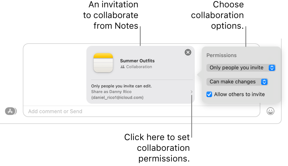 A close-up of the text message field at the bottom of the Messages conversation. There’s an invitation to collaborate on a note. You can click the right side of the invitation to set collaboration permissions.