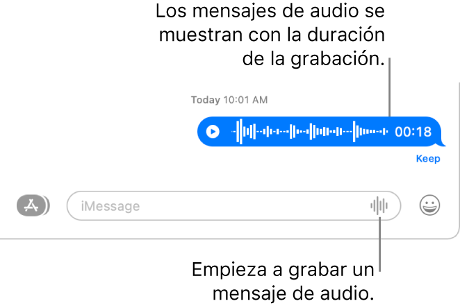 Una conversación de Mensajes mostrando el botón Grabar audio junto al campo de texto en la parte inferior de la ventana. Un mensaje de audio aparece con su duración registrada en la conversación.