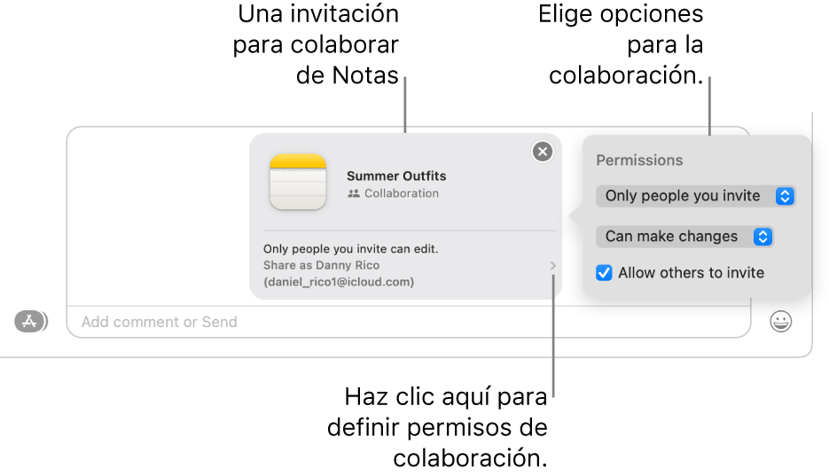 Un acercamiento del campo de mensaje de texto en la parte inferior de la conversación de Mensajes. Hay una invitación para colaborar en una nota. Puedes hacer clic en el lado derecho de la invitación para configurar los permisos de colaboración.