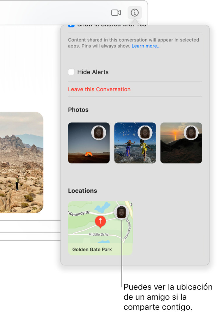 Vista de detalles con un mapa en la parte inferior. Se ve un icono de la persona que compartió su ubicación contigo.