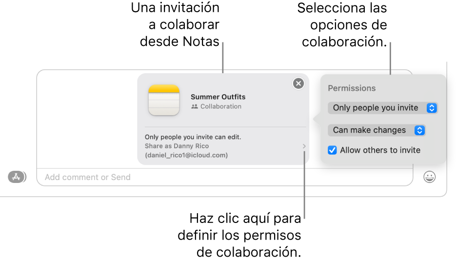 Un primer plano del campo de mensaje de texto en la parte inferior de la conversación de Mensajes. Hay una nota con una invitación a colaborar. Puedes hacer clic en el lado derecho de la invitación para configurar permisos de colaboración.