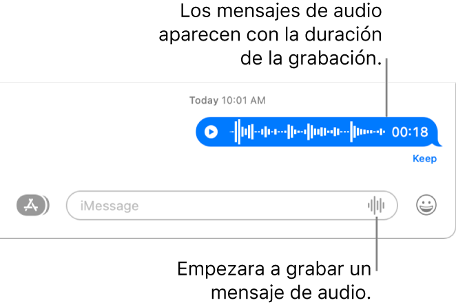 Una conversación de Mensajes, con el botón “Grabar audio” junto al campo de texto en la parte inferior de la ventana. En la conversación aparece un mensaje de audio con la duración de la grabación.
