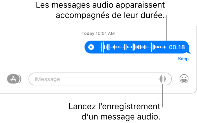 Conversation Messages avec le bouton « Enregistrer l’audio » en regard de la zone de texte au bas de la fenêtre. Un message audio s’affiche avec sa durée dans la conversation.
