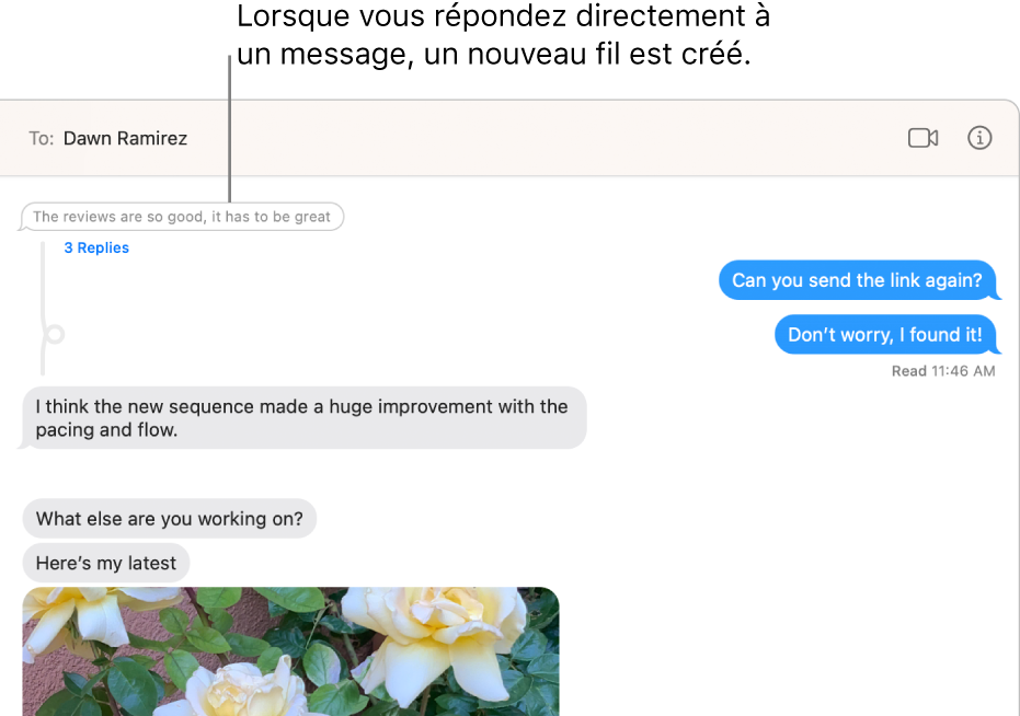 La fenêtre Messages montrant une conversation avec un nouveau fil sous un message spécifique.