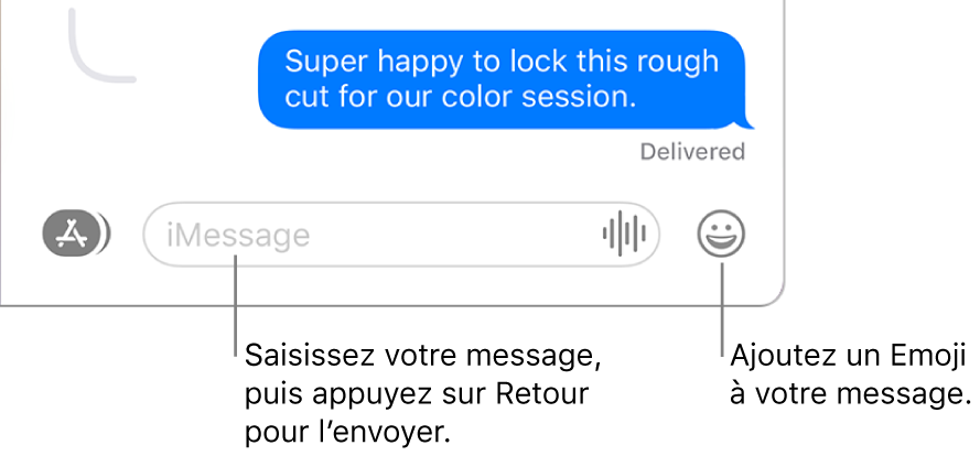 Une transcription dans la fenêtre Messages avec le champ du message affiché au bas de la fenêtre.