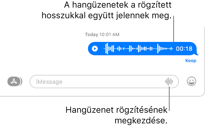Egy Üzenetek-beszélgetés, amelyben a szövegmező mellett a Hang rögzítése gomb látható. Hangüzenet jelenik meg a beszélgetésben a felvétel hosszával együtt.