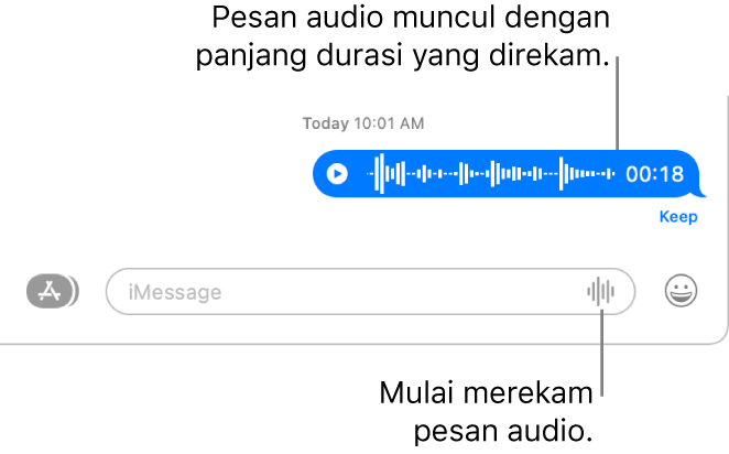 Percakapan Pesan, menampilkan tombol Rekam Audio di samping bidang teks di bagian bawah jendela. Pesan audio muncul dengan panjang yang direkam di percakapan.
