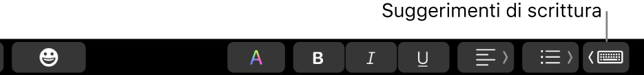 Touch Bar con il pulsante per mostrare i suggerimenti di scrittura all’estremità destra.