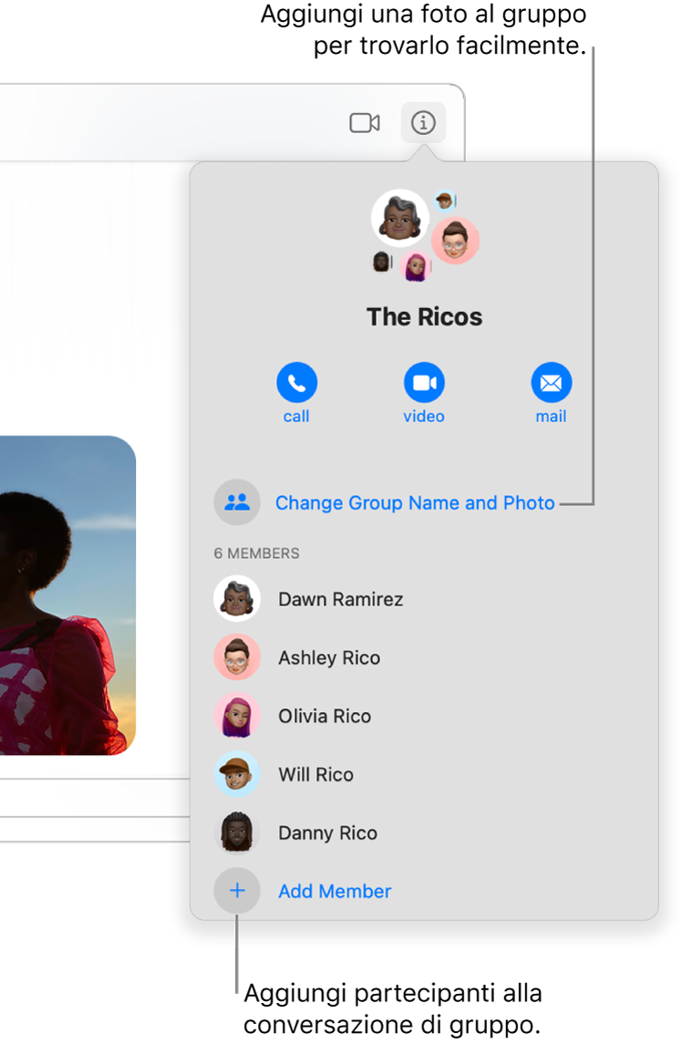 Vista Dettagli, che appare quando fai clic sul pulsante Dettagli in una conversazione di gruppo. “Aggiungi membro” si trova sotto il nome dell'ultimo partecipante nell'elenco. Puoi modificare il nome e la foto del gruppo proprio sopra i nomi dei partecipanti.