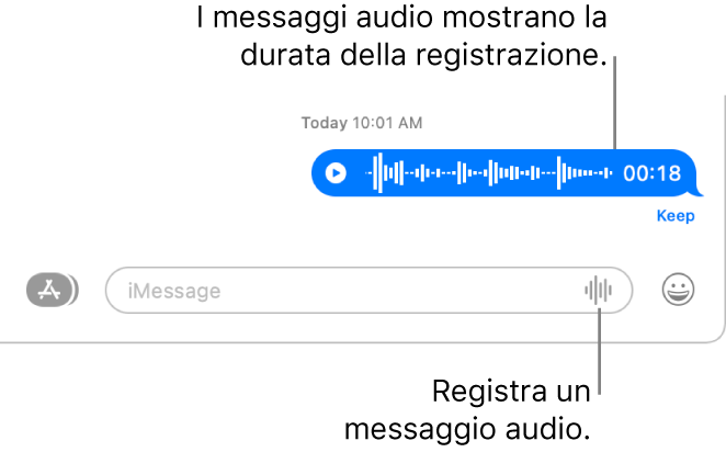 Una conversazione di Messaggi, che mostra il pulsante “Registra audio” accanto al campo di testo nella parte inferiore della finestra. Nella conversazione viene visualizzato messaggio audio con la durata della registrazione.